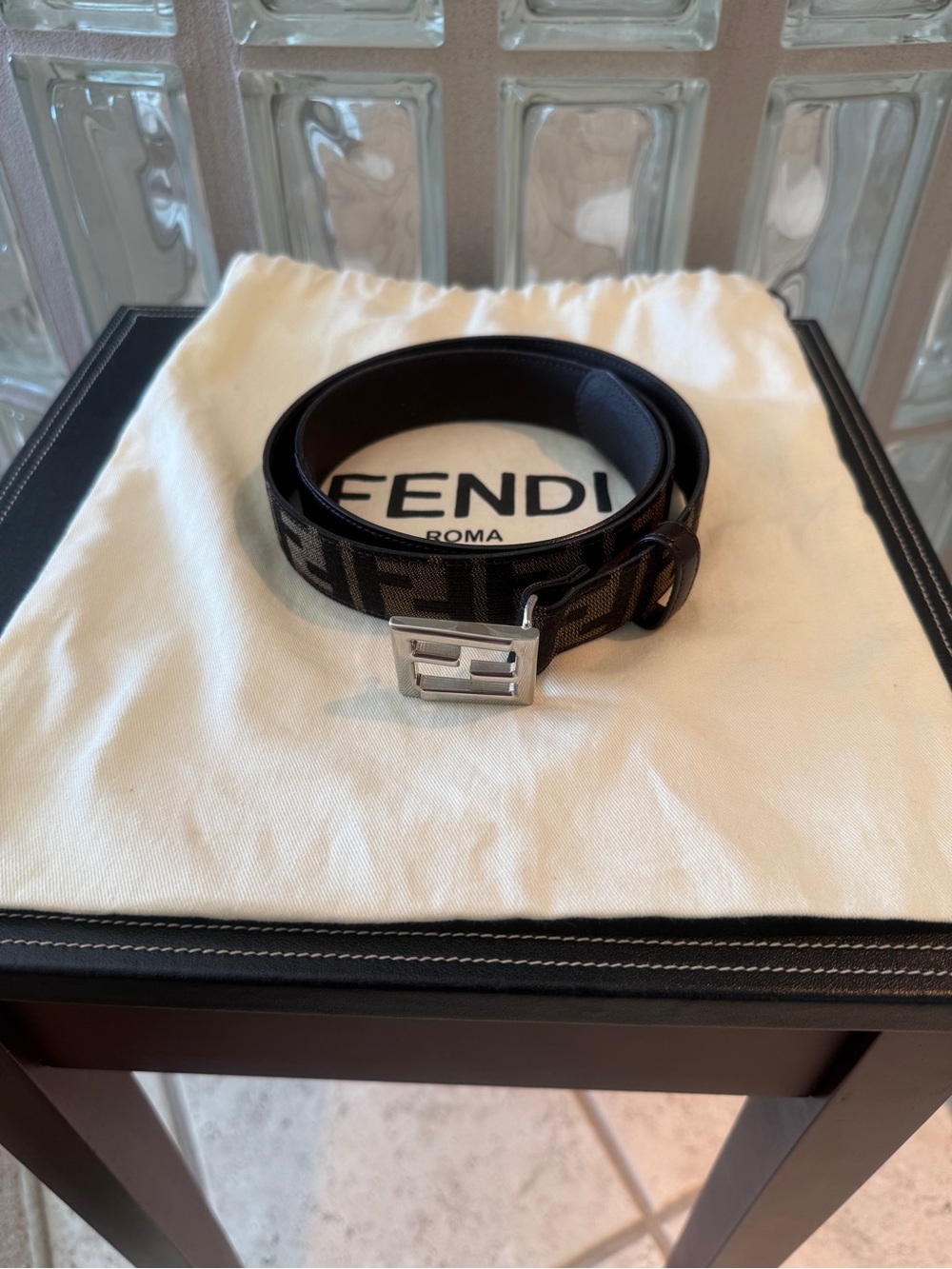 Fendi FF Zucca Monogram Unisex Canvas/Leather Black/Brown Belt w/ Silver Buckle - Picture 2 of 5